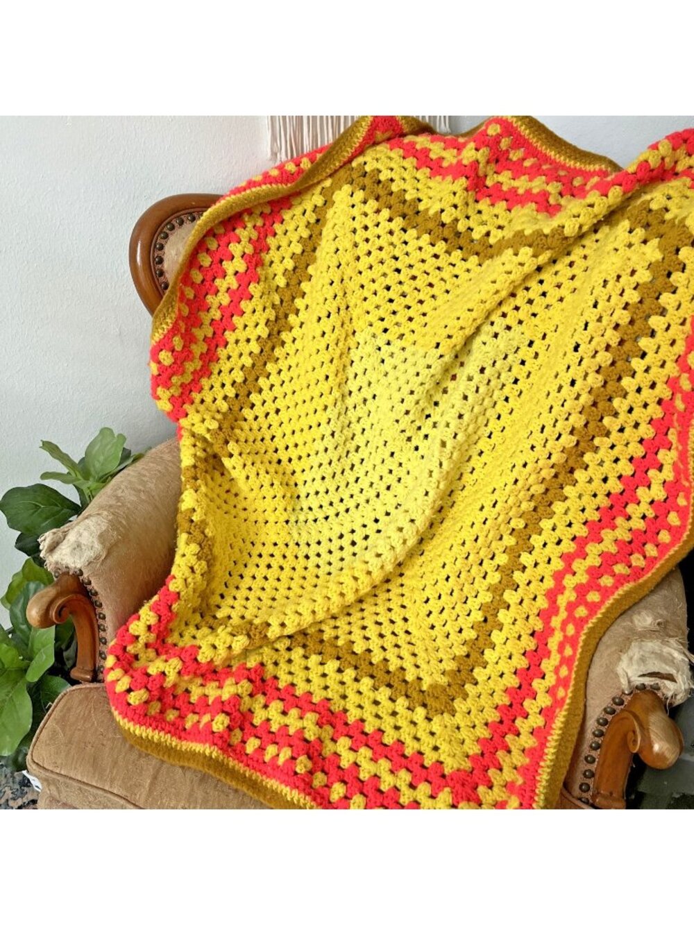 Handmade Crocheted Afghan Throw 41x43 70's avocado mustard pink orange